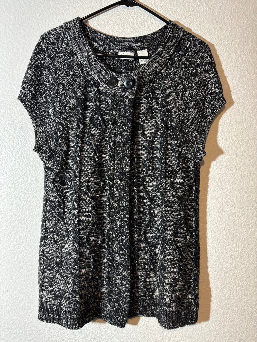 Kim Rogers Size L Black White Marled Cap Sleeve Knit One-Button Cardigan Sweater